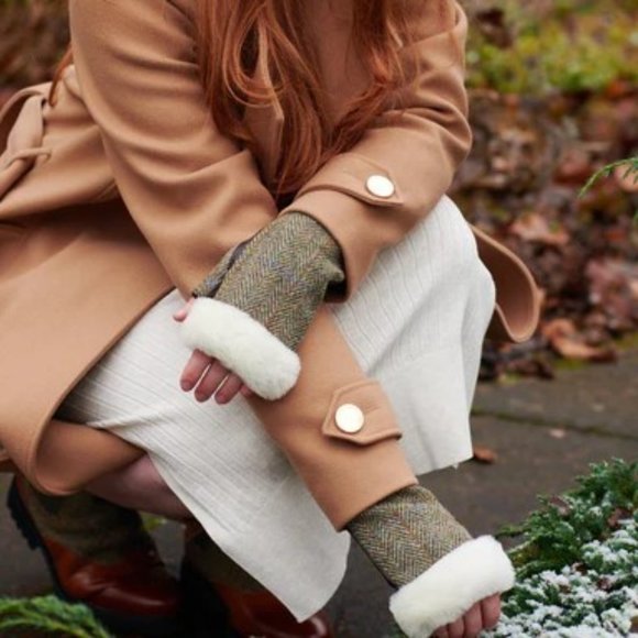 New Fingerless Gloves Harris Tweed® and Leather Fur Green Brown (Scotland) - Picture 1 of 6